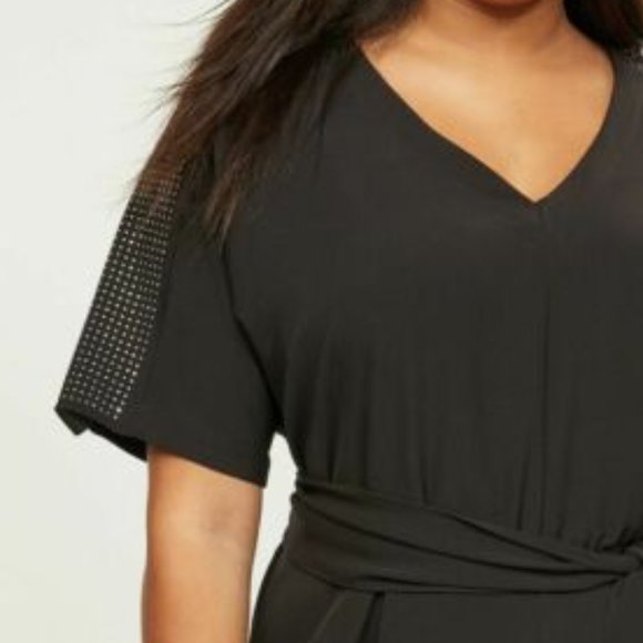 Jumpsuit 16  Black Studded Sleeves Crepe Pants 1 Piece Romper Stretch Plus NWT - Picture 5 of 5